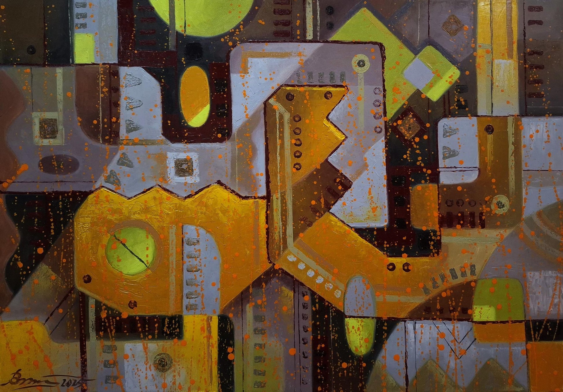 Oil painting by Sergiy Voichenko: industrial era geometric shapes in gold, yellow, gray, orange splatters