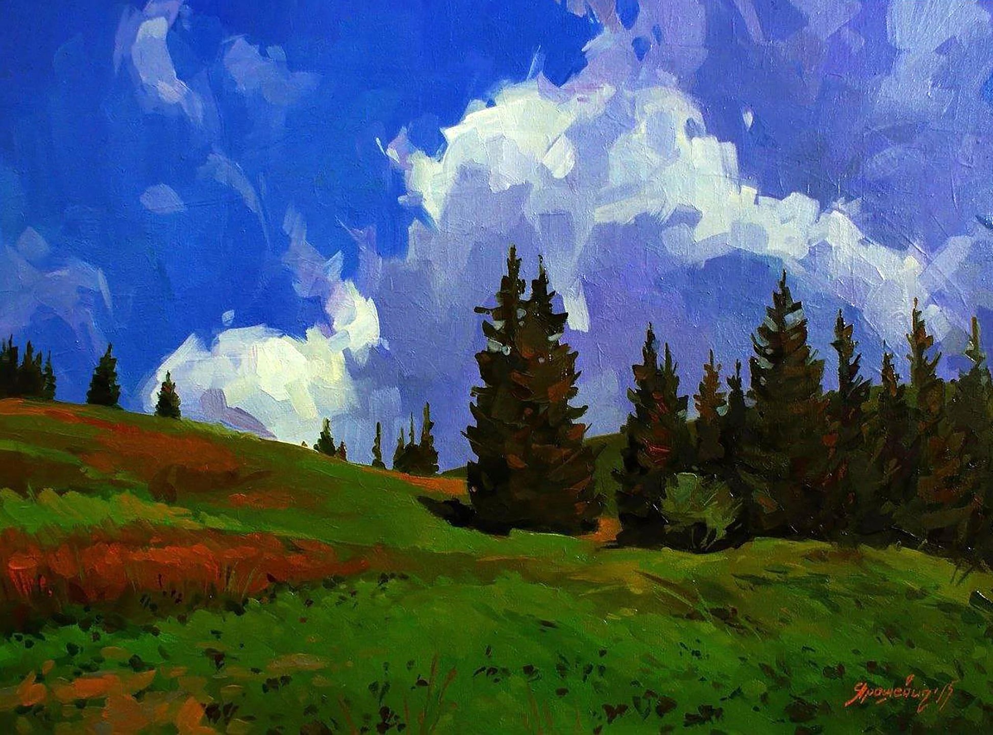 Vibrant impressionist oil painting of mountain forests by Anastasia Yaroshevich