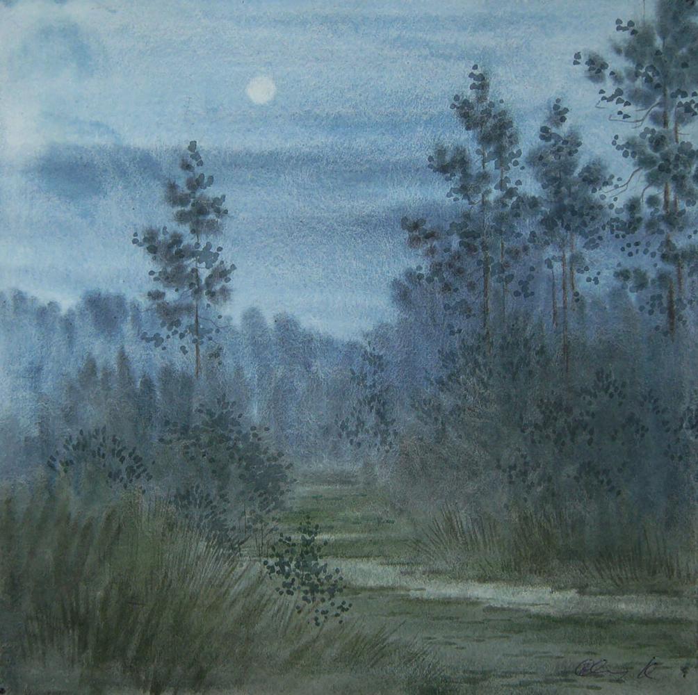 Moonlit forest path watercolor painting by Valery Savenets