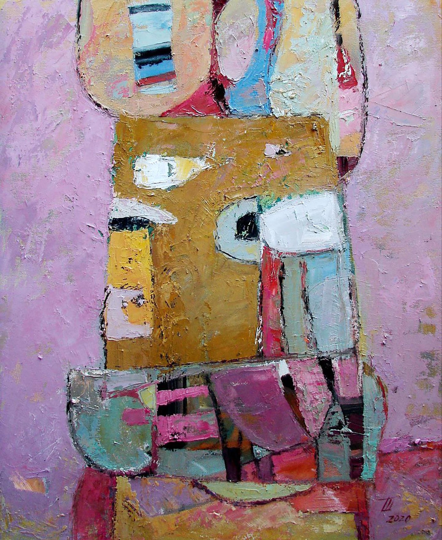 Oil painting Tower by Tatyana Shulyak: abstract pink, gold, yellow, blue strokes