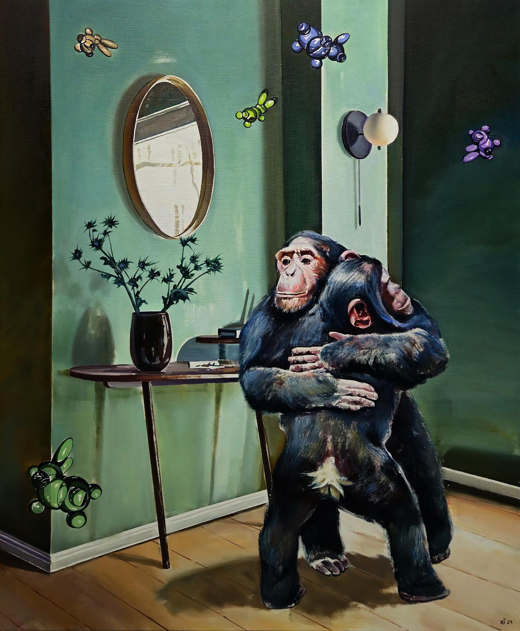 Oil painting of two embracing chimpanzees by Igor Konovalov