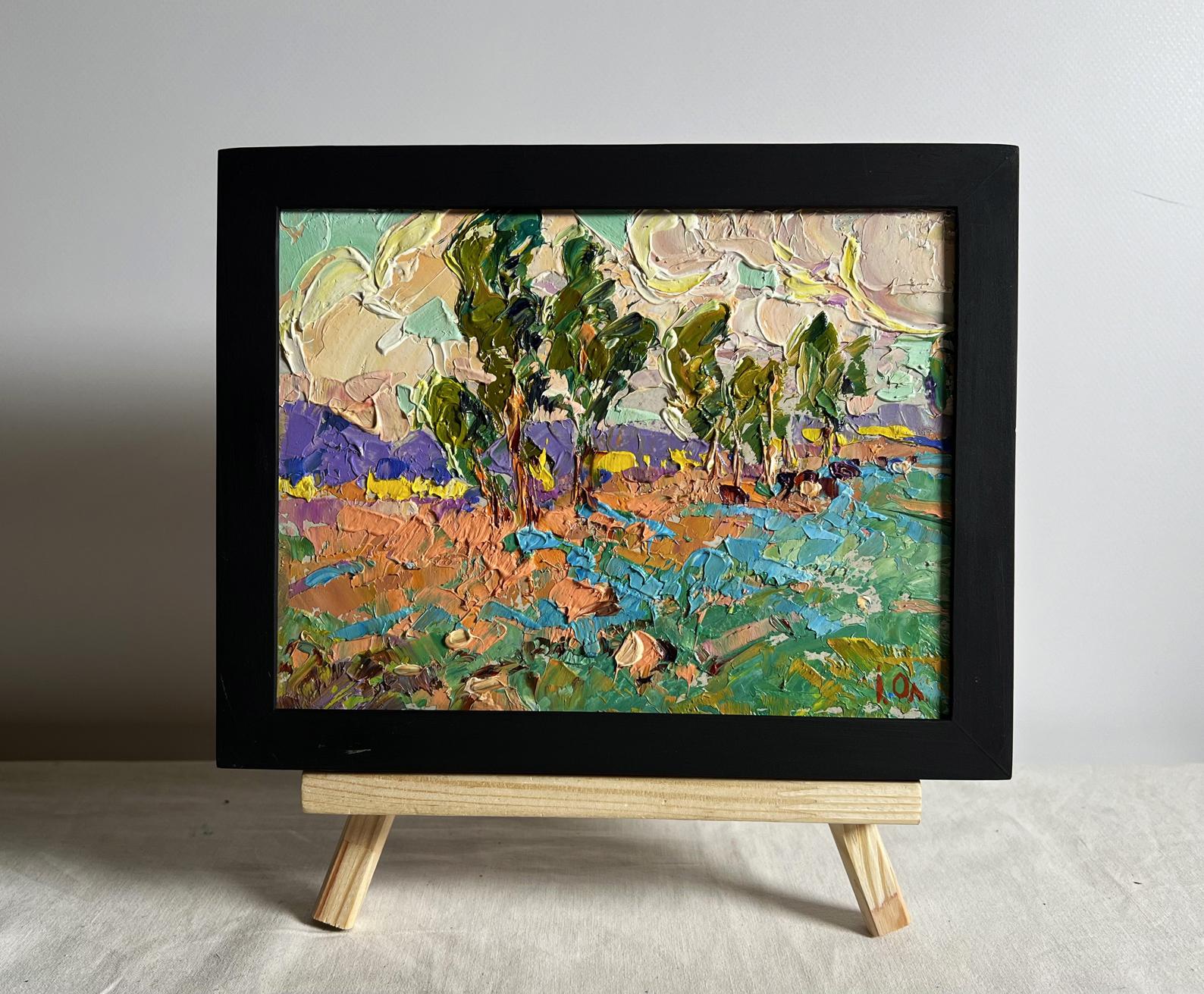 Oil painting In the autumn meadows by Oleksiy Ivanyuk in black frame