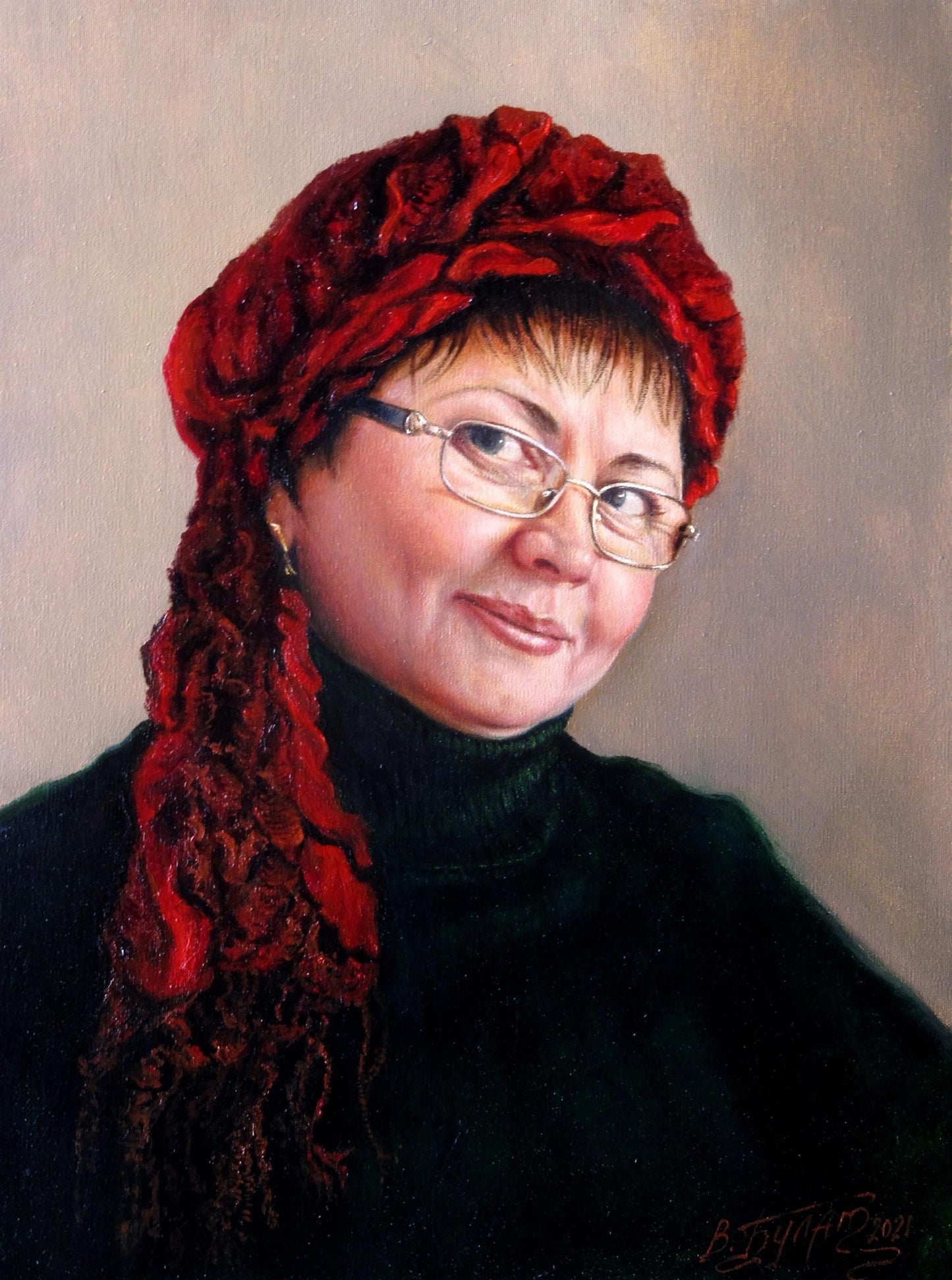 Oil painting Modest Valeriy Bulat of deep red knitted headscarf with braids