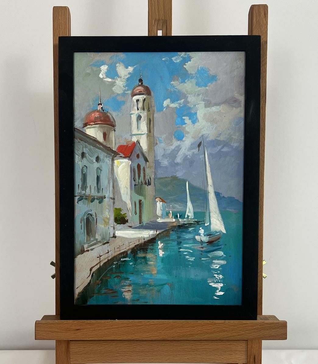 Framed oil painting by Yuriy Suprunchuk: coastal city with white sails