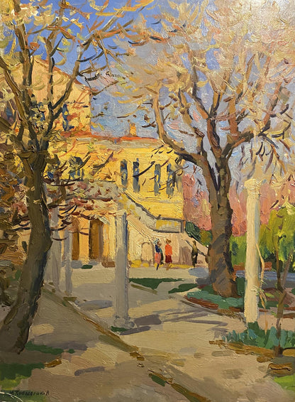 Vibrant impressionist oil painting by Mikhail Kobylenkov, Kherson Museum: sunlit courtyard