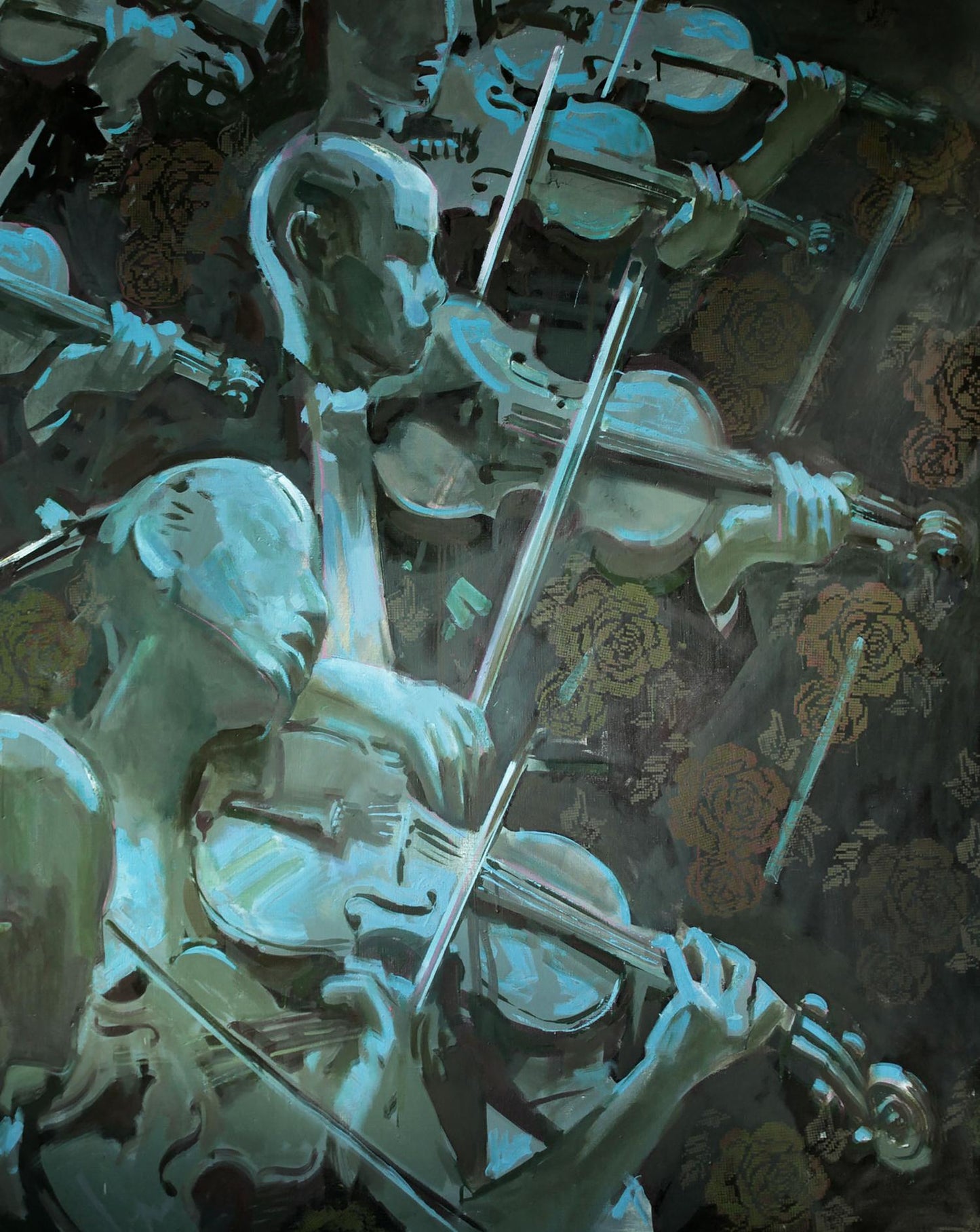 Oil painting Suite Ed Potapenkov: violin musicians in cool metallic hues