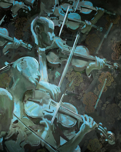 Oil painting Suite Ed Potapenkov: violin musicians in cool metallic hues