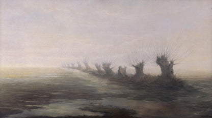 Oil painting Early spring by Vasily Korkishko: misty skeletal trees in turbulent waters