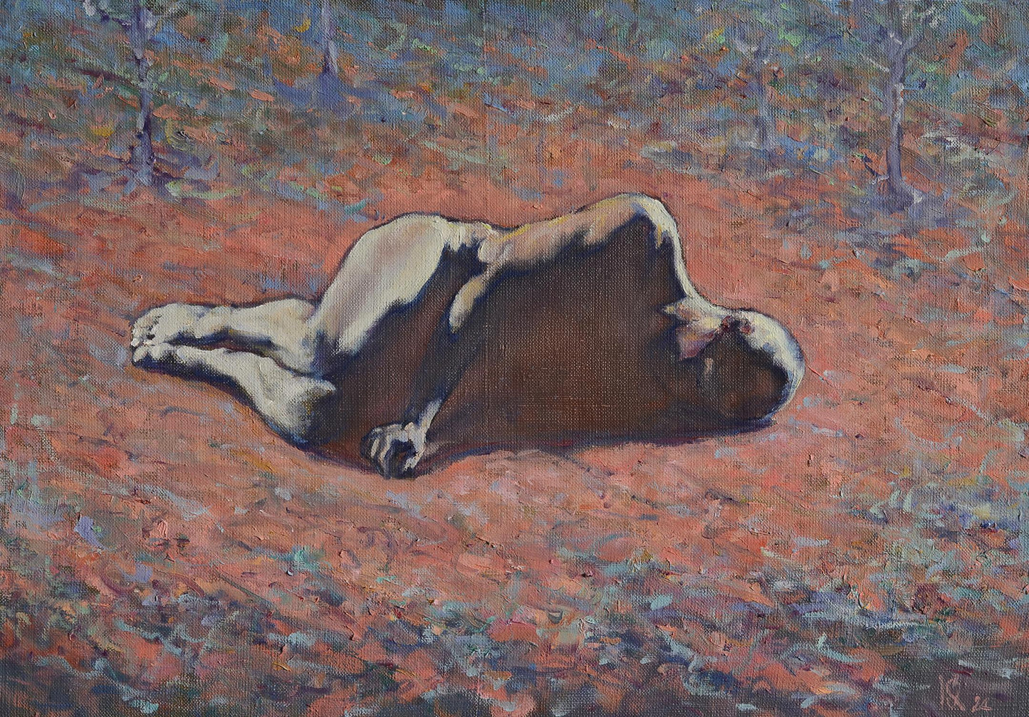 Figure figure supine on reddish-orange earth in Oleg Kateryniuk Oil painting Colour dream