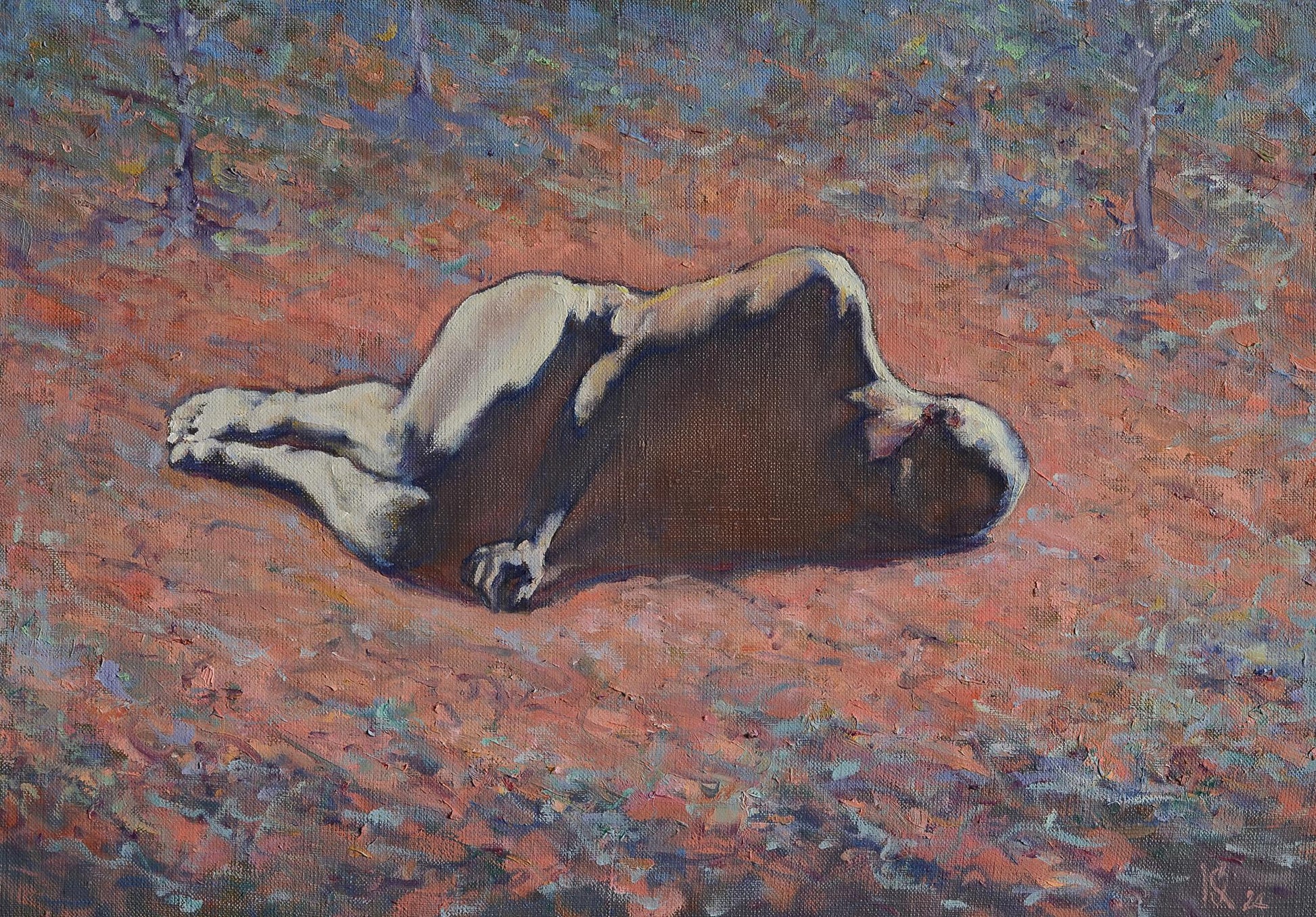 Figure figure supine on reddish-orange earth in Oleg Kateryniuk Oil painting Colour dream