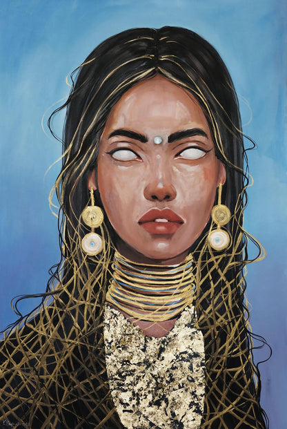 Oil painting Radiance by Victoria Kagalovska portrait of woman with dark wavy hair and gold jewelry