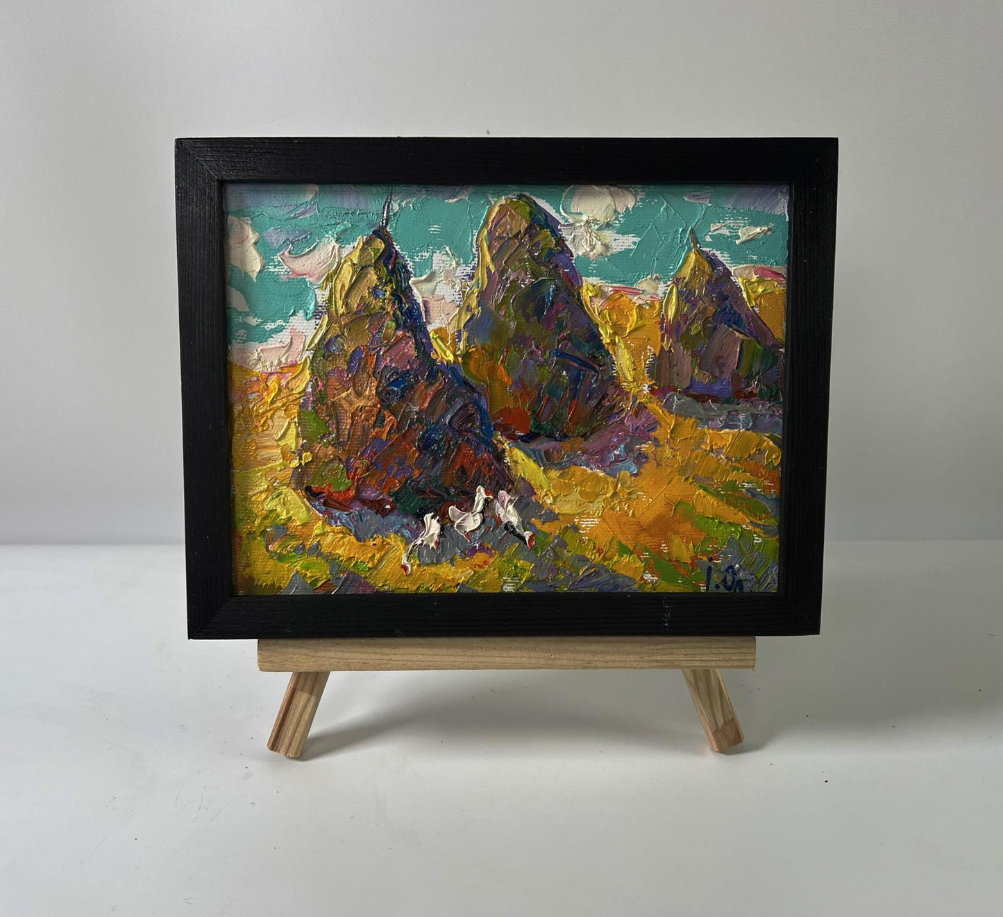 Oil painting Geese in the shade by Oleksiy Ivanyuk in black frame on easel