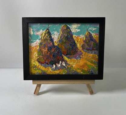 Oil painting Geese in the shade by Oleksiy Ivanyuk in black frame on easel