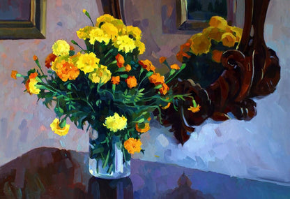 Oil painting of yellow orange marigolds in vase by Anastasia Yaroshevich