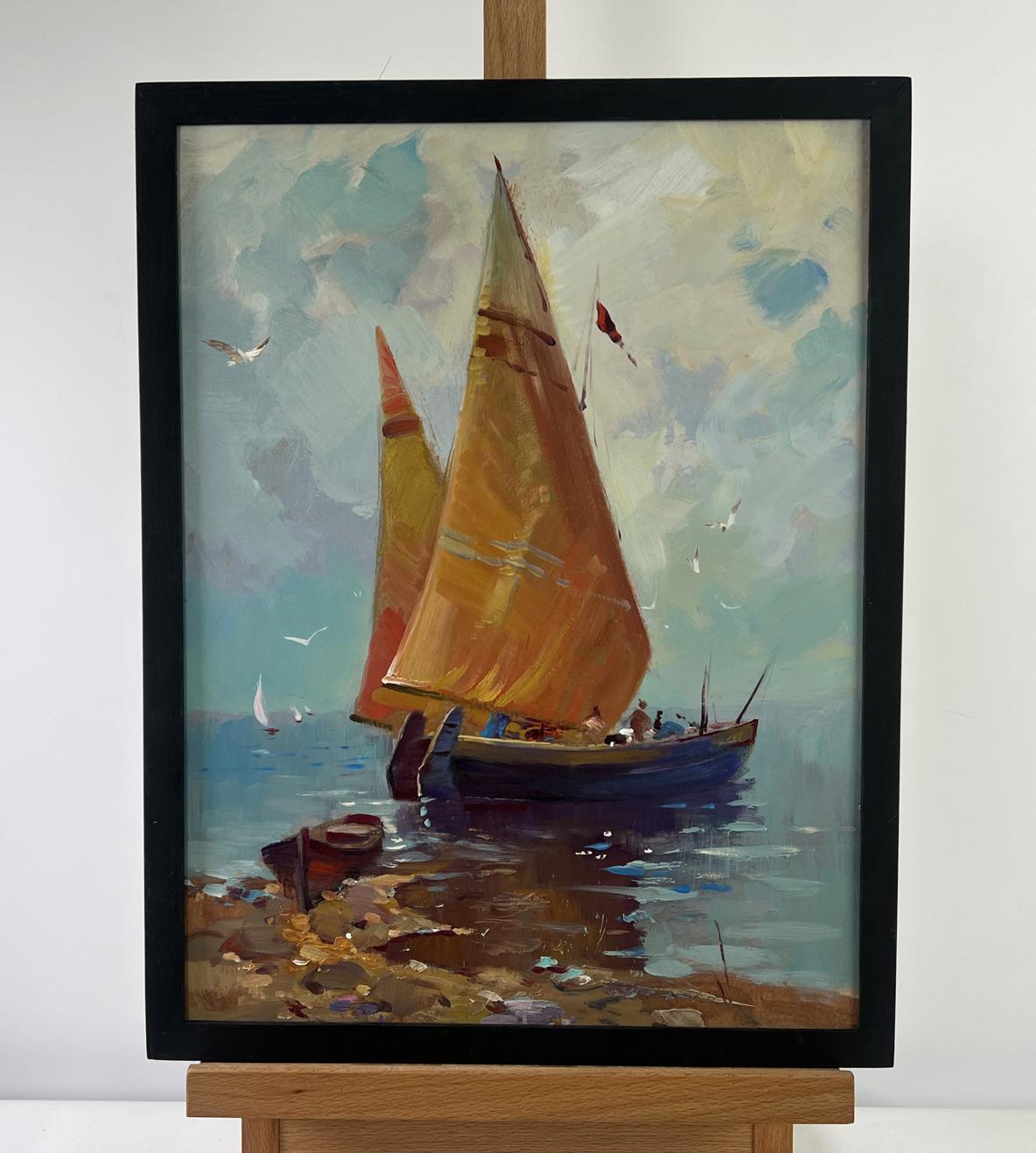 Oil painting Lonely boat in the waves by Yuriy Suprunchuk, sailboat with golden sails