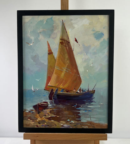 Oil painting Lonely boat in the waves by Yuriy Suprunchuk, sailboat with golden sails