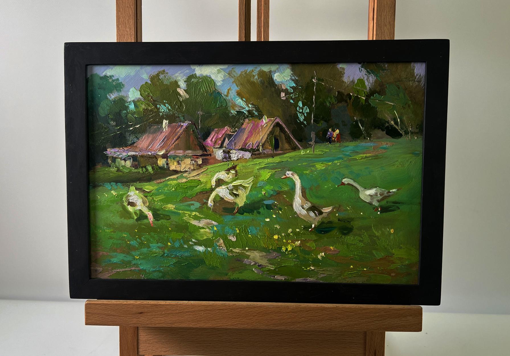 Oil painting Geese in the village by Yuriy Suprunchuk pastoral scene