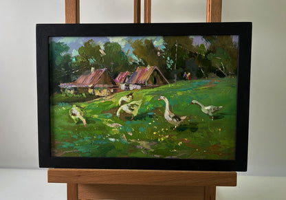 Oil painting Geese in the village by Yuriy Suprunchuk pastoral scene