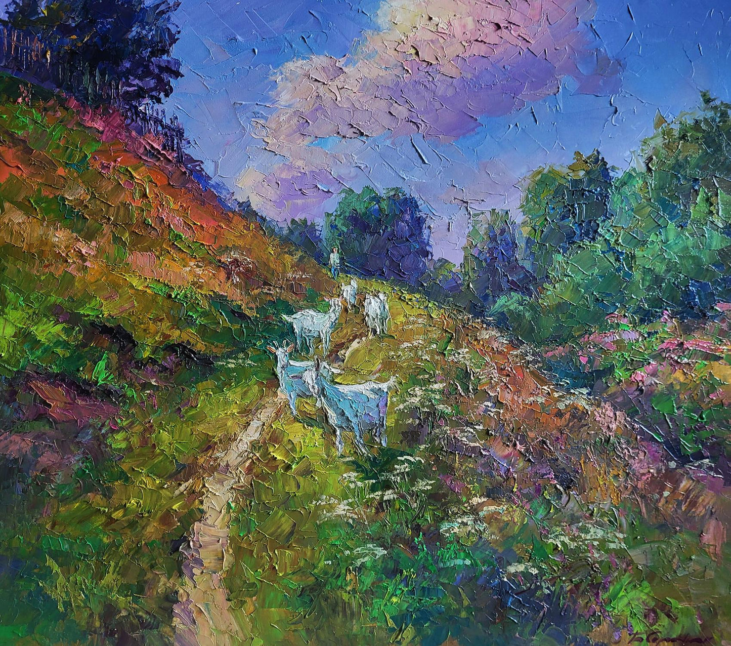 Vibrant impressionist oil painting of white goats by Boris Serdyuk on hillside
