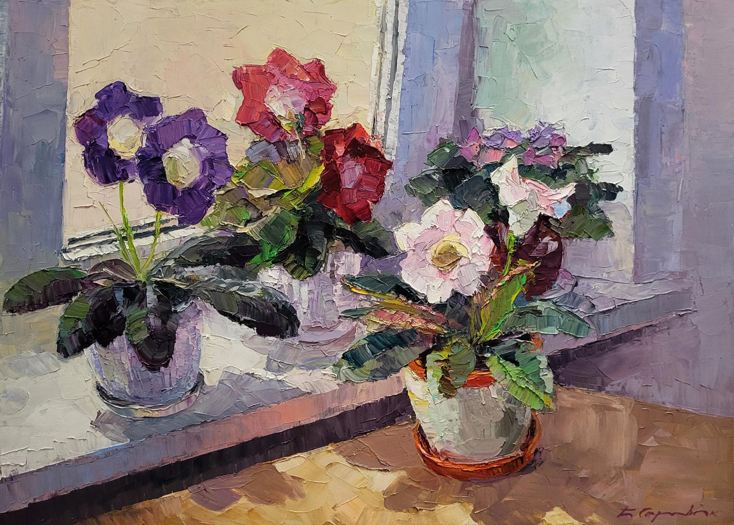 Oil painting of vibrant gloxinia flowers in vase by Boris Serdyuk