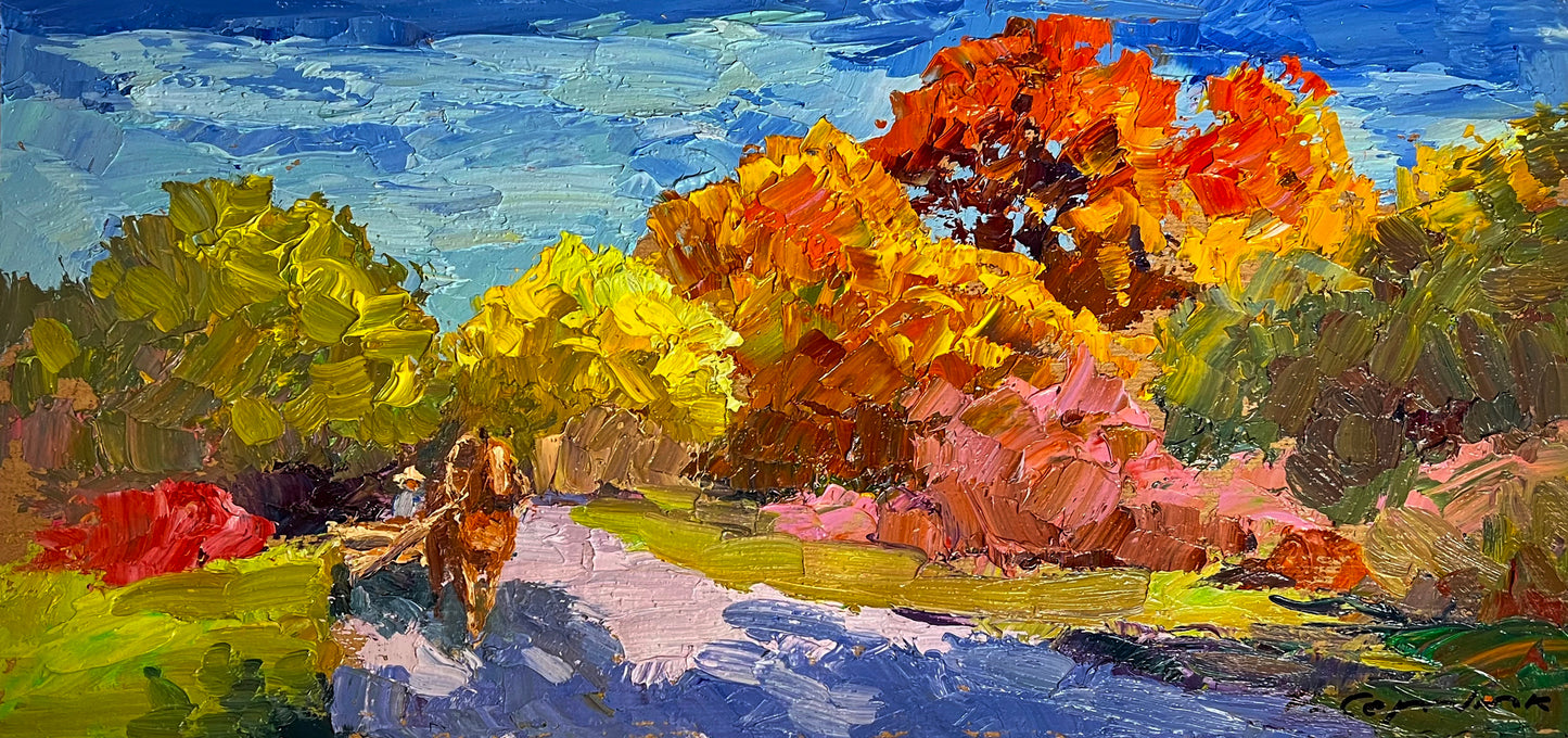 Vibrant impressionist horse painting by Boris Serdyuk, autumn foliage