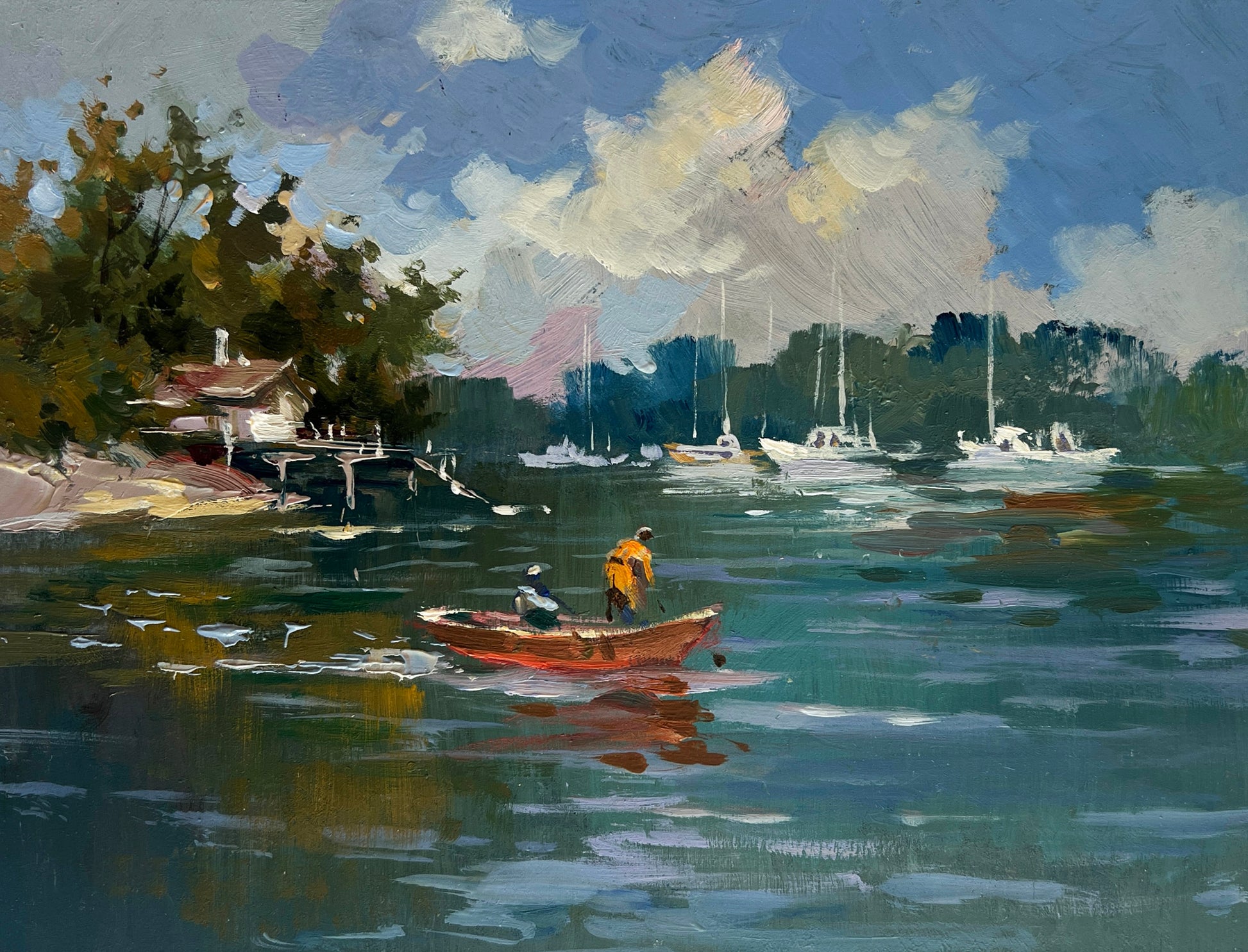 Vibrant orange rowboat with figures by Yuriy Suprunchuk, expressive brushstrokes