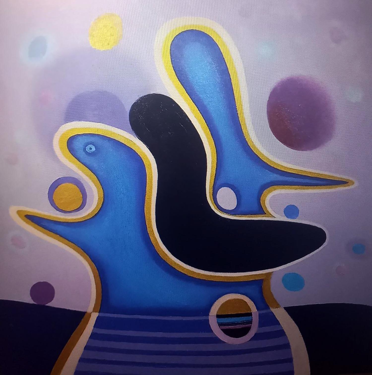 Oil painting A game by Alexander Strashevich: blue birds on lavender background