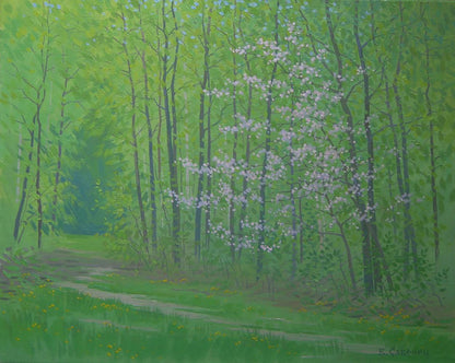 Oil painting April nature by Valery Savenets: sunlit forest path with pink blossoms