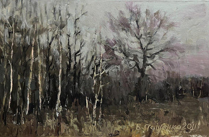 Oil painting Fallen Forest by Volodymyr Pashchenko misty gray woods