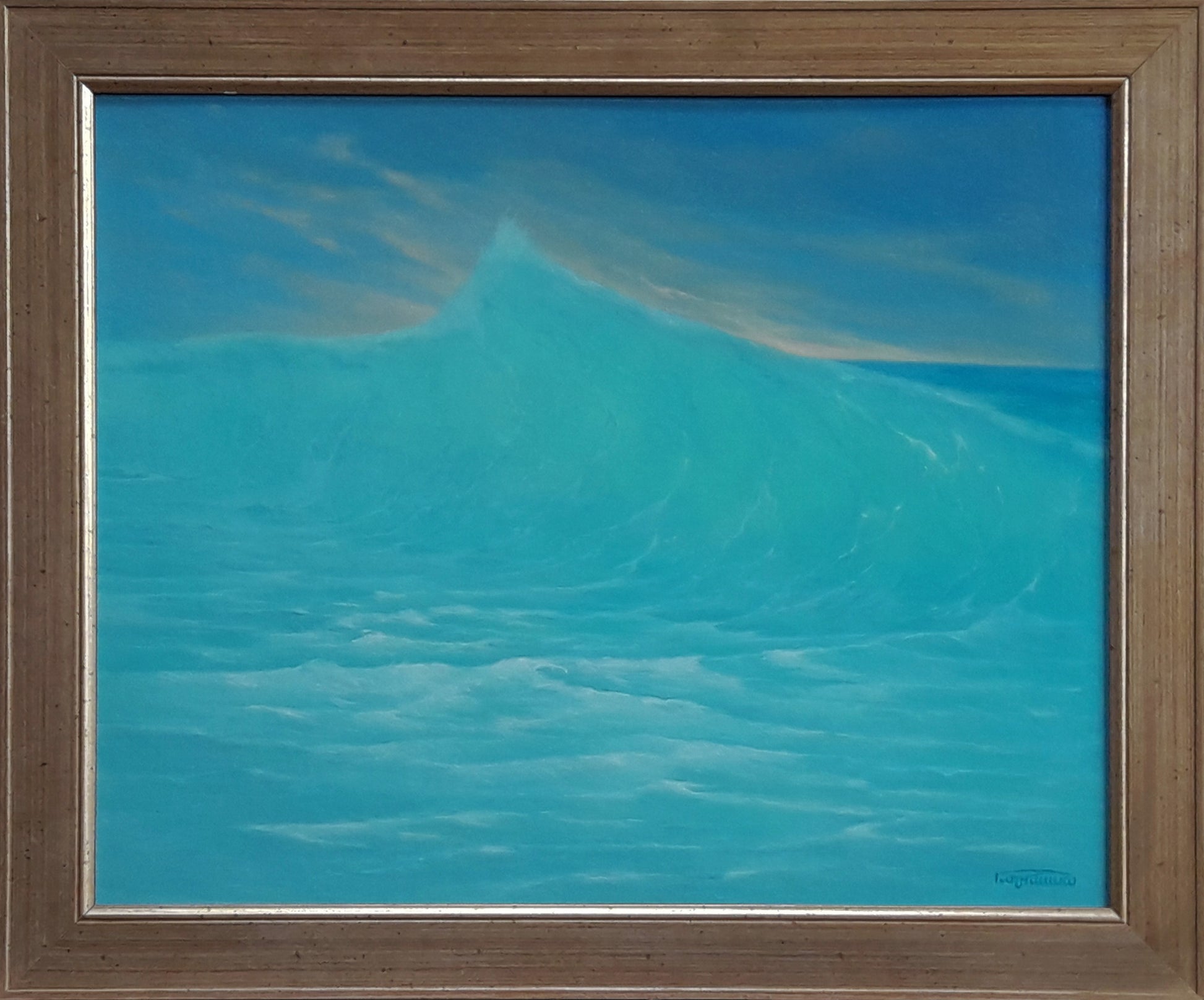 Framed turquoise ocean wave oil painting by Vasily Korkishko