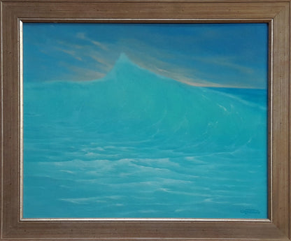 Framed turquoise ocean wave oil painting by Vasily Korkishko