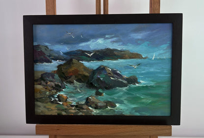 Framed oil painting of approaching sea storm by Yuriy Suprunchuk
