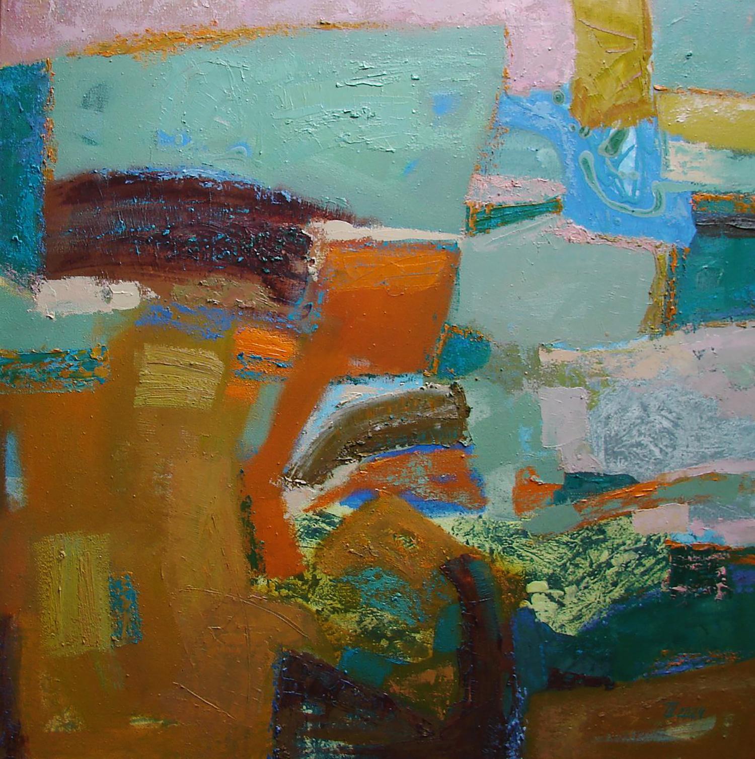 Abstract expressionist oil painting by Tatyana Shulyak in teal mint geometry