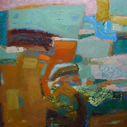 Abstract expressionist oil painting by Tatyana Shulyak in teal mint geometry
