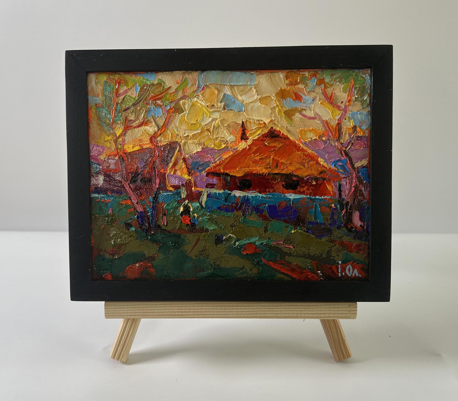 Vibrant oil painting of sunset village glow by Oleksiy Ivanyuk in black frame