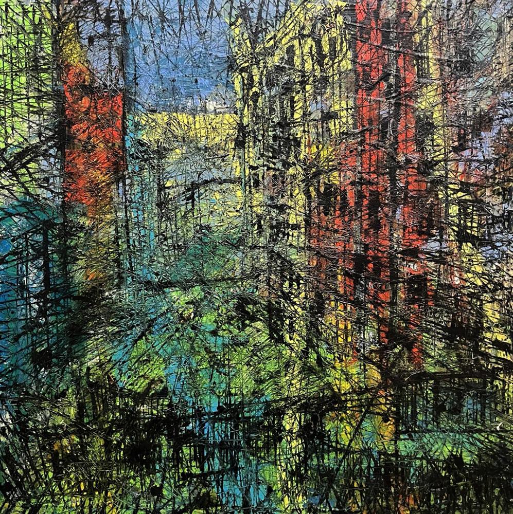 Oil painting Episode by Serhiy Kovalev: bold red, yellow, green strokes on black