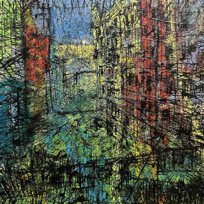 Oil painting Episode by Serhiy Kovalev: bold red, yellow, green strokes on black