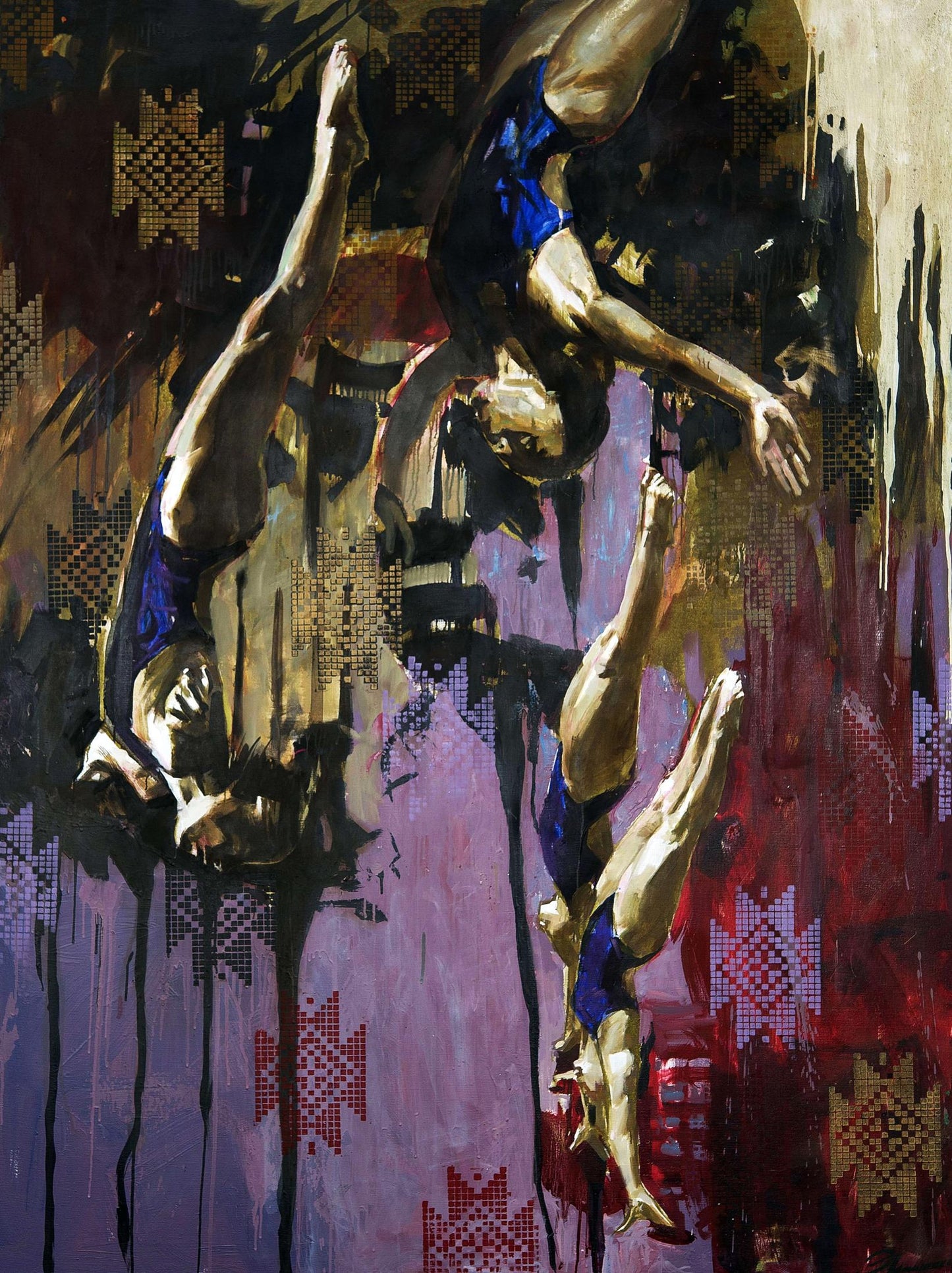 Oil painting Gravity Ed Potapenkov with golden gymnasts on purple-red background