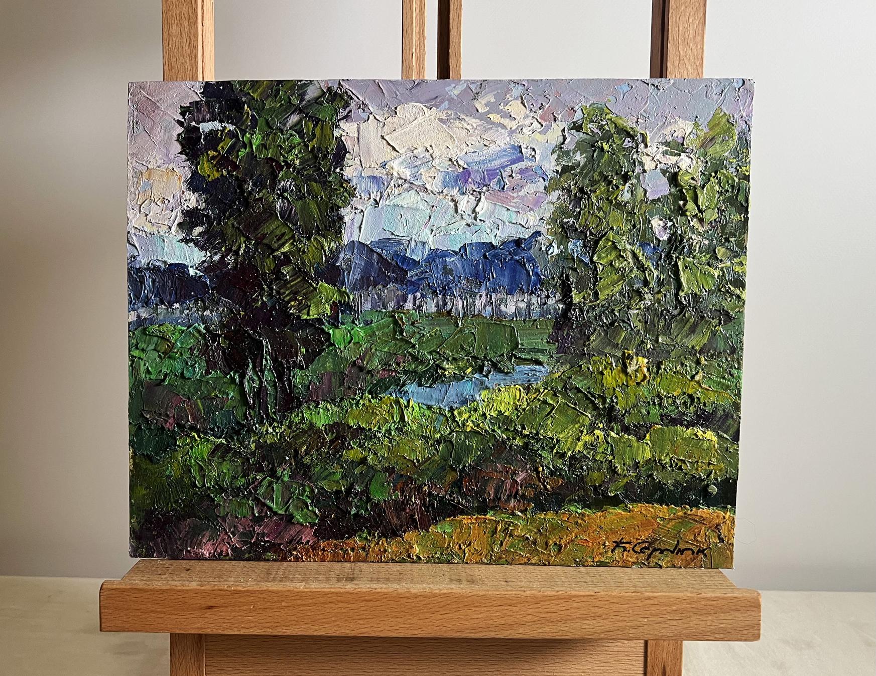 Oil painting Its getting dark by Boris Serdyuk with green trees and mountains