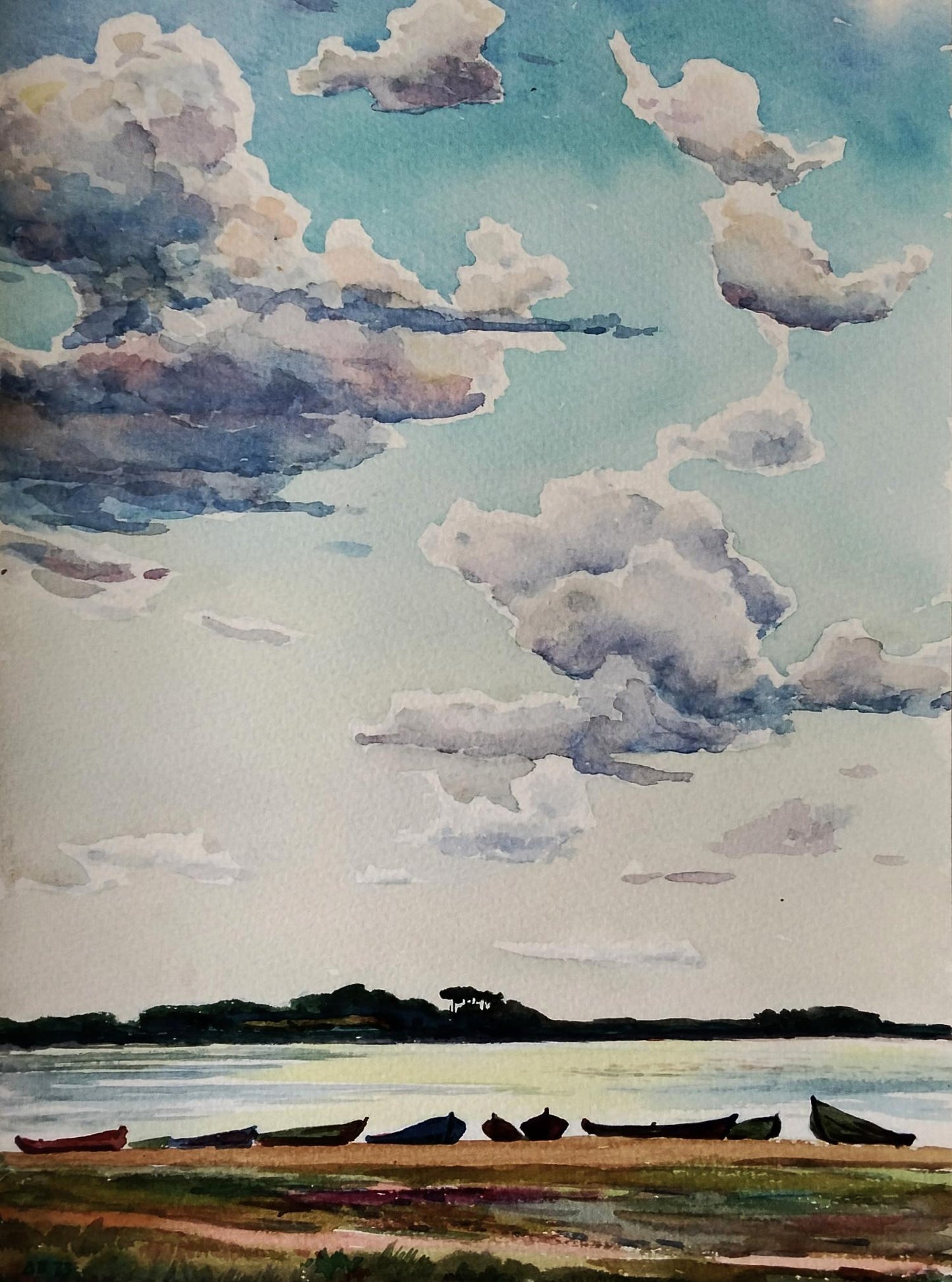 Watercolor painting of boats on shore by Vitaly Duhnevich