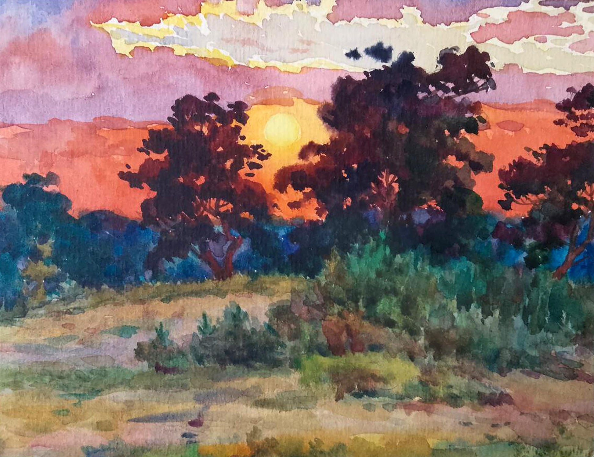 Watercolor painting Watching the Sunset by Vitaly Duhnevich