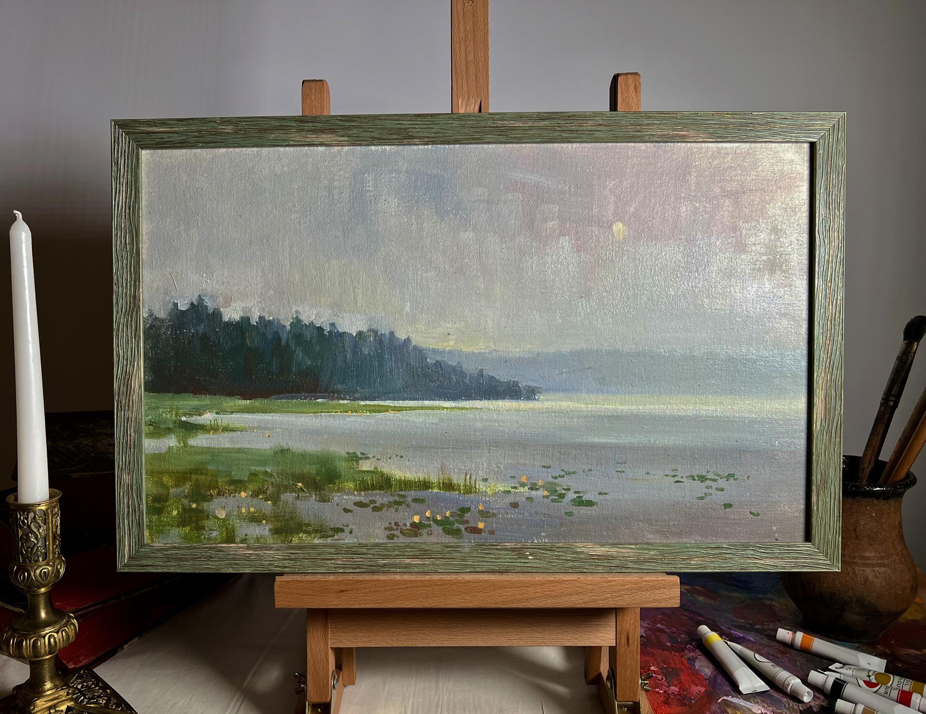 Oil painting Tranquility by the River by Tatyana Derdey in rustic green frame