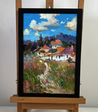 Vibrant impressionist oil painting The path to the house by Yuriy Suprunchuk in black frame