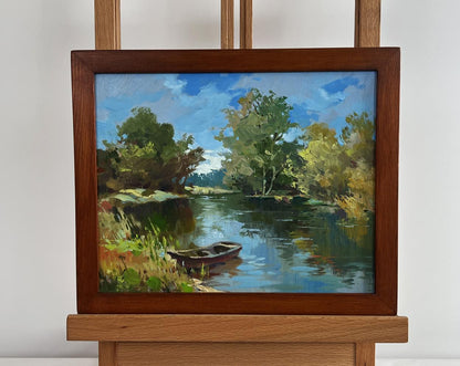 Oil painting Boat in green reflections by Yuriy Suprunchuk river scene