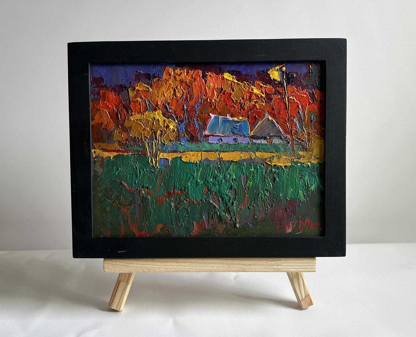 Oil painting Crimson autumn in the village by Oksana Ivanyuk in black frame