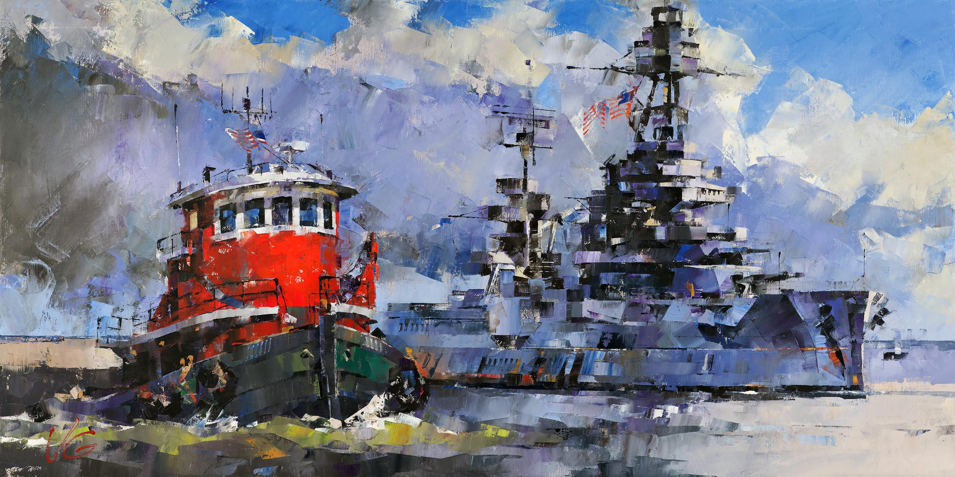 Oil painting Fearless by Volodymyr Gluhomanyuk: red tugboat by gray warship