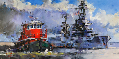 Oil painting Fearless by Volodymyr Gluhomanyuk: red tugboat by gray warship