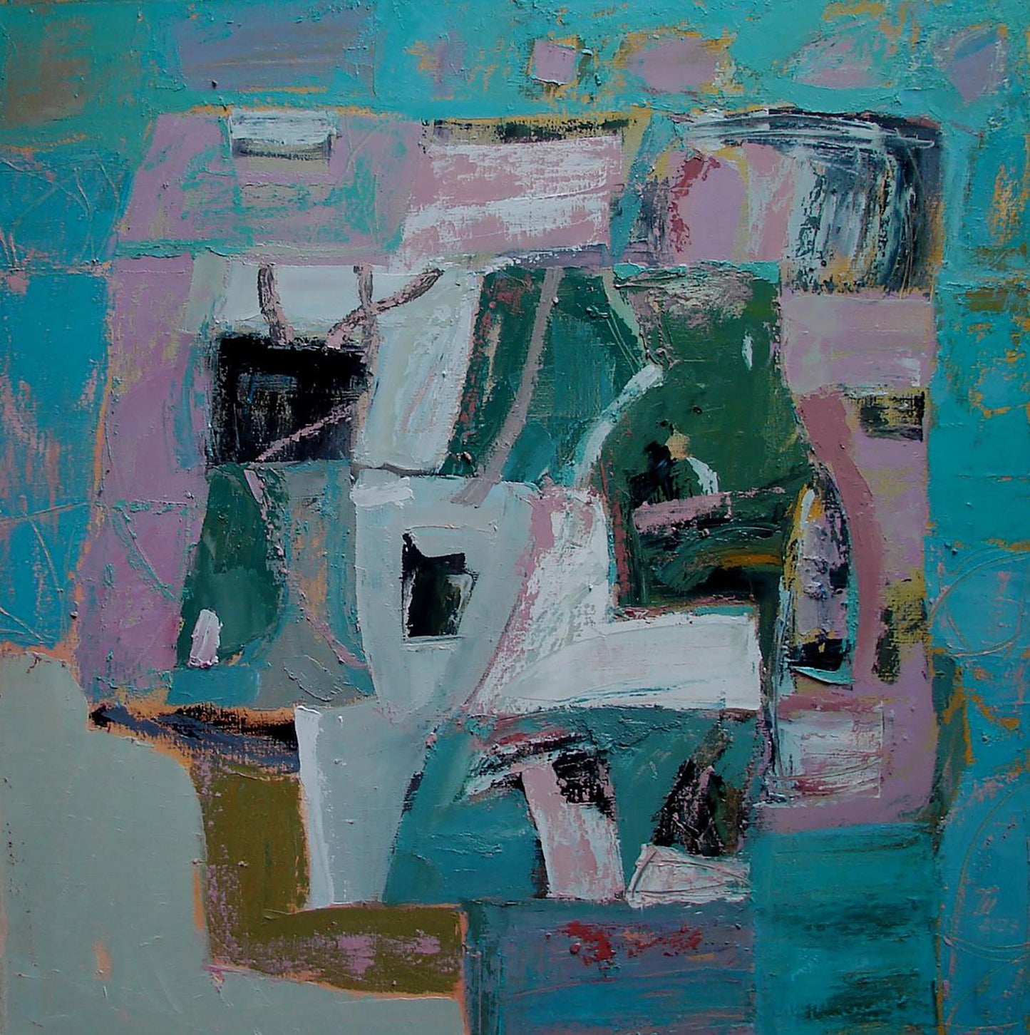 Abstract Adriatic Cubism oil painting by Tatyana Shulyak in teal pink green white