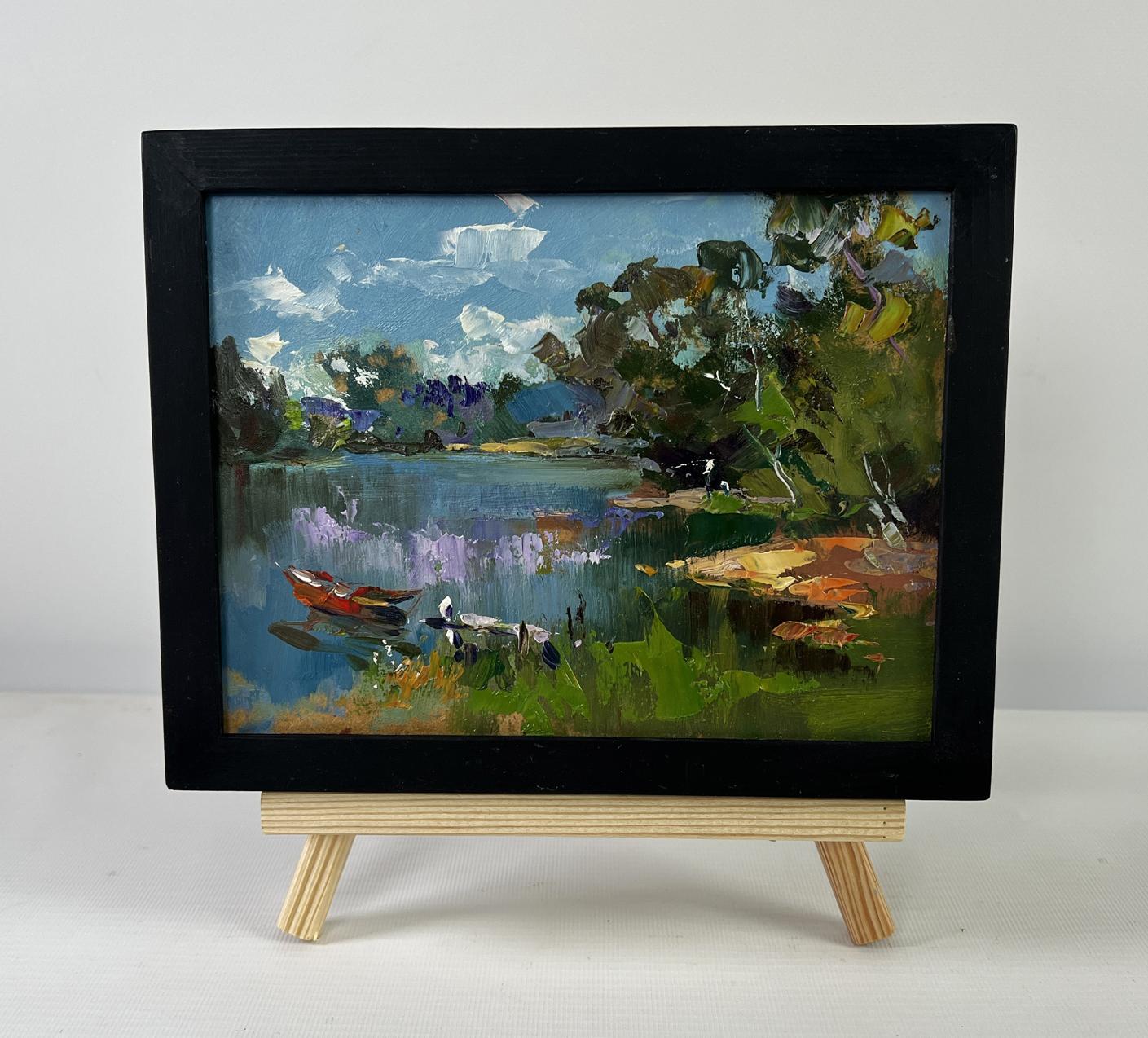 Oil painting River with boats along shore by Yuriy Suprunchuk