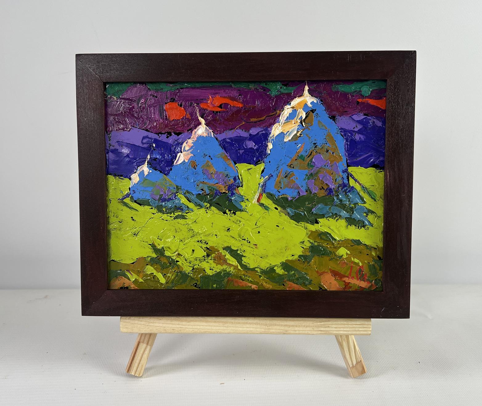Oil painting by Oleksiy Ivanyuk: blue green mountains, purple sky in wood frame